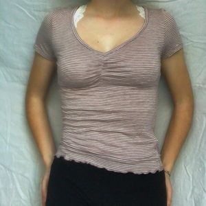 AEO Pink & White Striped Lettuce Edge V-Neck Tee